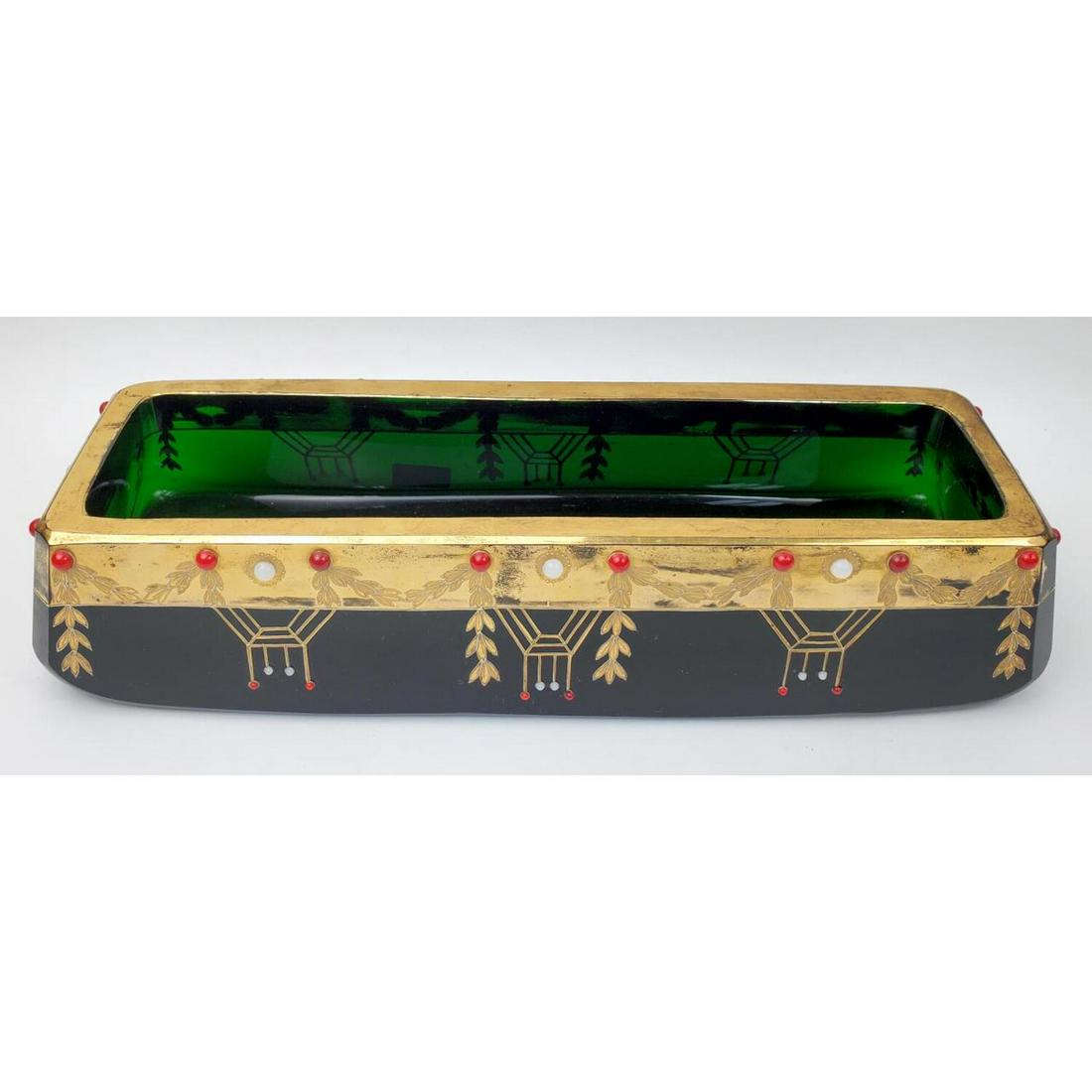 Antique Austrian Jeweled Art Deco Glass Bowl: Antique Austrian Jeweled Art Deco Glass Bowl. Thick Green Glass with Gold Gilt Decoration and Opalescent and Red Jewels. Condition: Generally Very Good. Some Gilt Loss and Scratches Due to Age on the 