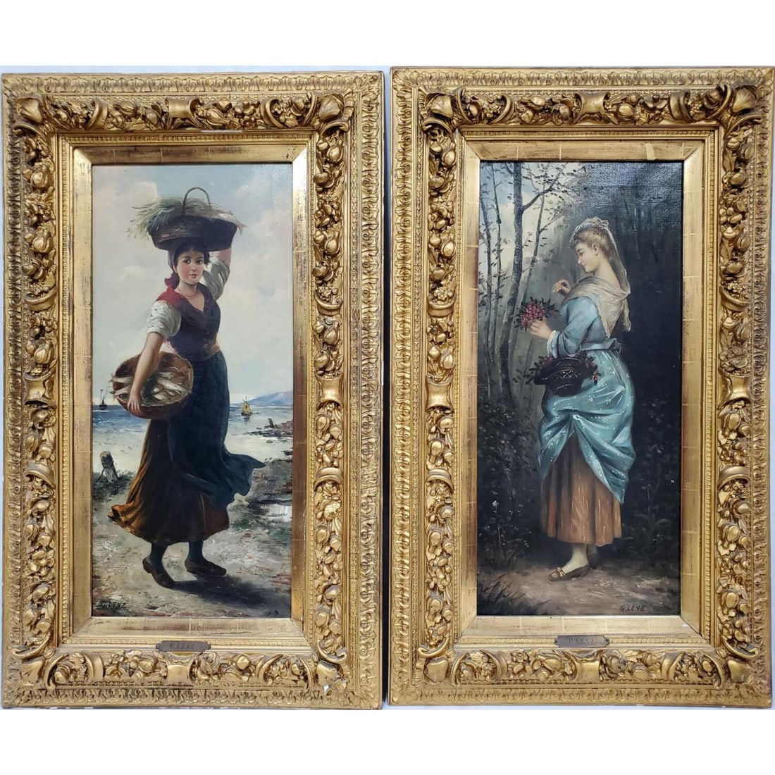 G. Lenz Pair of Large Antique Paintings, Oil on Canvas (1 of 10)