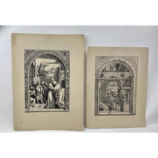 Albrecht Durer German (1471-1528) After 2 Etchings: Albrecht Durer, German (1471-1528). After, 19thc. 2 Etchings. The Life of the Virgin Series: "The Annunciation" and "Joachim and Anna Meet at the Golden Gate". Both with AD Mark. Unframed. Condition: