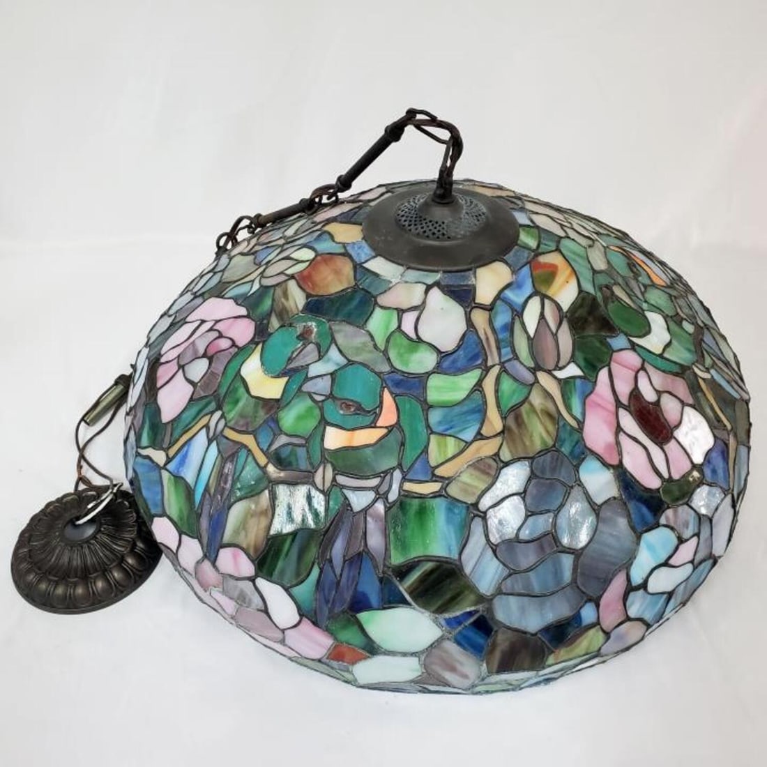 Vintage Tiffany Style Stained Glass Chandelier: Vintage Tiffany Style Stained Glass Chandelier. Condition: Generally Very Good, Some Oxidation of the Lead Due to Age. Dimensions: Dia-22", Shade H- 16", Chain L-26". Provenance: From a Queens, NY Hom