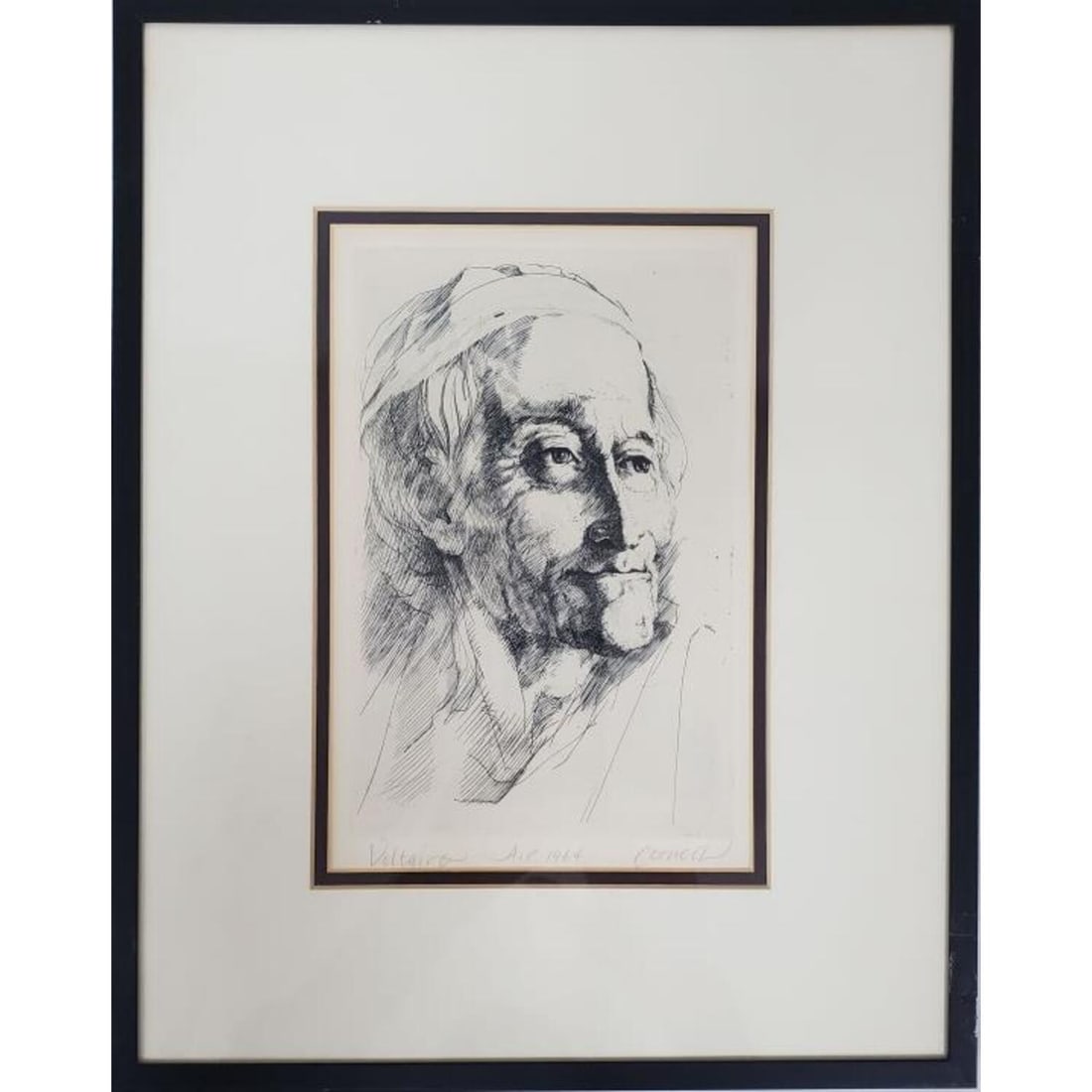 Thomas Cornell, American, Etching "Voltaire" 1964: Thomas Cornell, American (1937-2012), Etching "Voltaire". Signed Lower Right. Titled Lower Left. Dated 1964 and Marked A.P. Lower Middle. Beautifully Framed Under Glass. Not Examined Out of Frame. Con