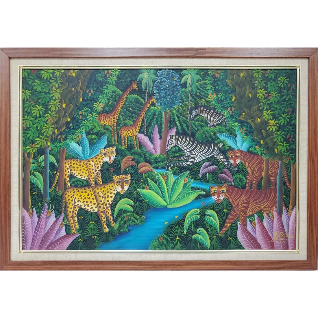 J.T. Baptiste Painting O/C of Jungle Animals: J.T. Baptiste, Haitian, Painting. Oil on Canvas. "Jungle Animals". Beautifully Framed. Condition: Excellent. Dimensions: Sight- 24" x 16". Frame- 27" x 19". Provenance: From the Estate of a Long Islan