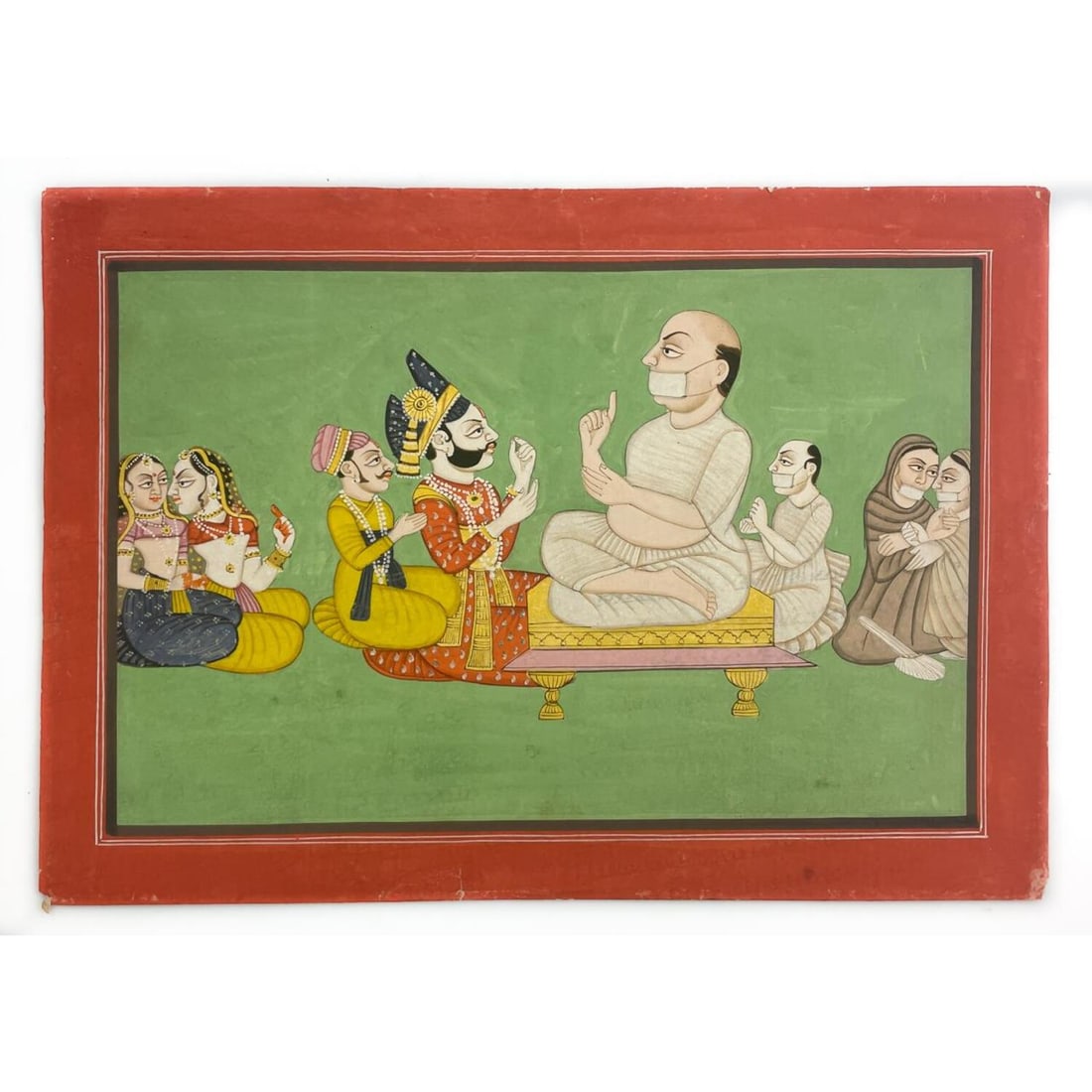Indian Miniature Watercolor Painting: Indian Miniature Watercolor Painting "Udaipur School. Maharaja Meeting Guru" Unframed. Condition: Generally Good; As Found. Dimensions: 11.5" x 8.25". Provenance: From a Long Island, NY Home. Please n