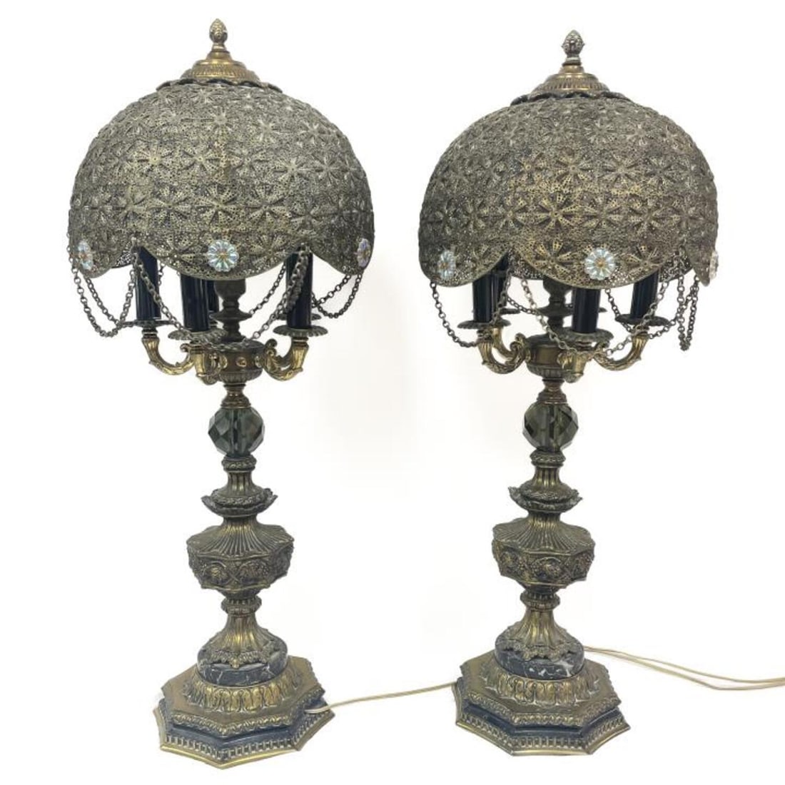 Pair of Vintage 1950's Metal Lamps: Pair of Vintage 1950's Metal Lamps w/ Original Filigree Metal Shades & Applied Iridescent Glass Flowers. Condition: Excellent. Dimensions: H-36" x Dia.-15". Provenance: From a Long Island, NY Home. Pl