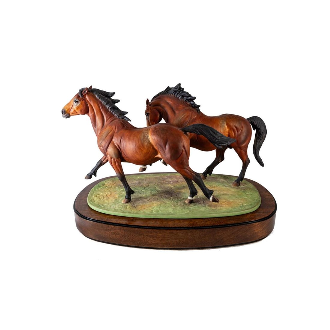 Royal Worcester Porcelain "Galloping Ponies" 1974: Vintage Royal Worcester Porcelain Sculpture "Galloping Ponies". Fully Signed. Modeled by Doris Lindner. Numbered 191 and Dated 1974. In Original Fitted Wooden Base. Along with Certificate of Authentic