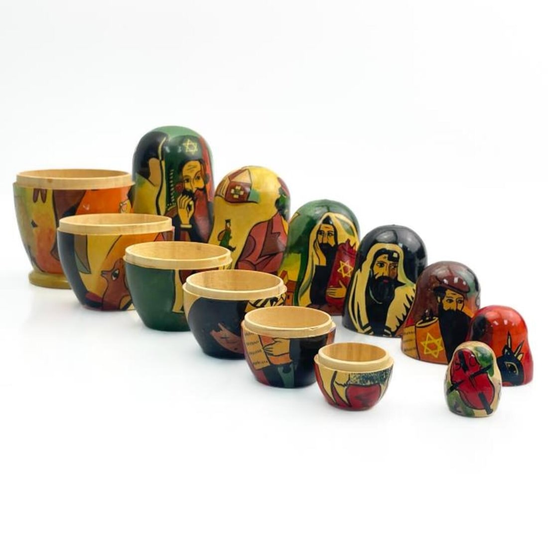 Old Russian USSR Judaica Handpainted Nesting Dolls: Old Russian USSR Judaica Hand Painted Signed Nesting Dolls Describing Life of a Jewish Family in a Village. For Example, One Shows a Violin Player with a Rabbi. Includes 7 Eggs. Signed Kotova. Made in