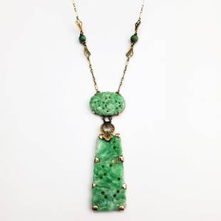 Unusual Chinese 14K Gold & Jade Pendant Necklace: Unusual Chinese 14K Gold & Jade Pendant Necklace. Condition: The Large Jade Has a Crack. Dimensions: Total L- 17.5". Total Weight: 8.7 g / 5.6 dwt. Provenance: From a Westchester County, NY Home. Plea