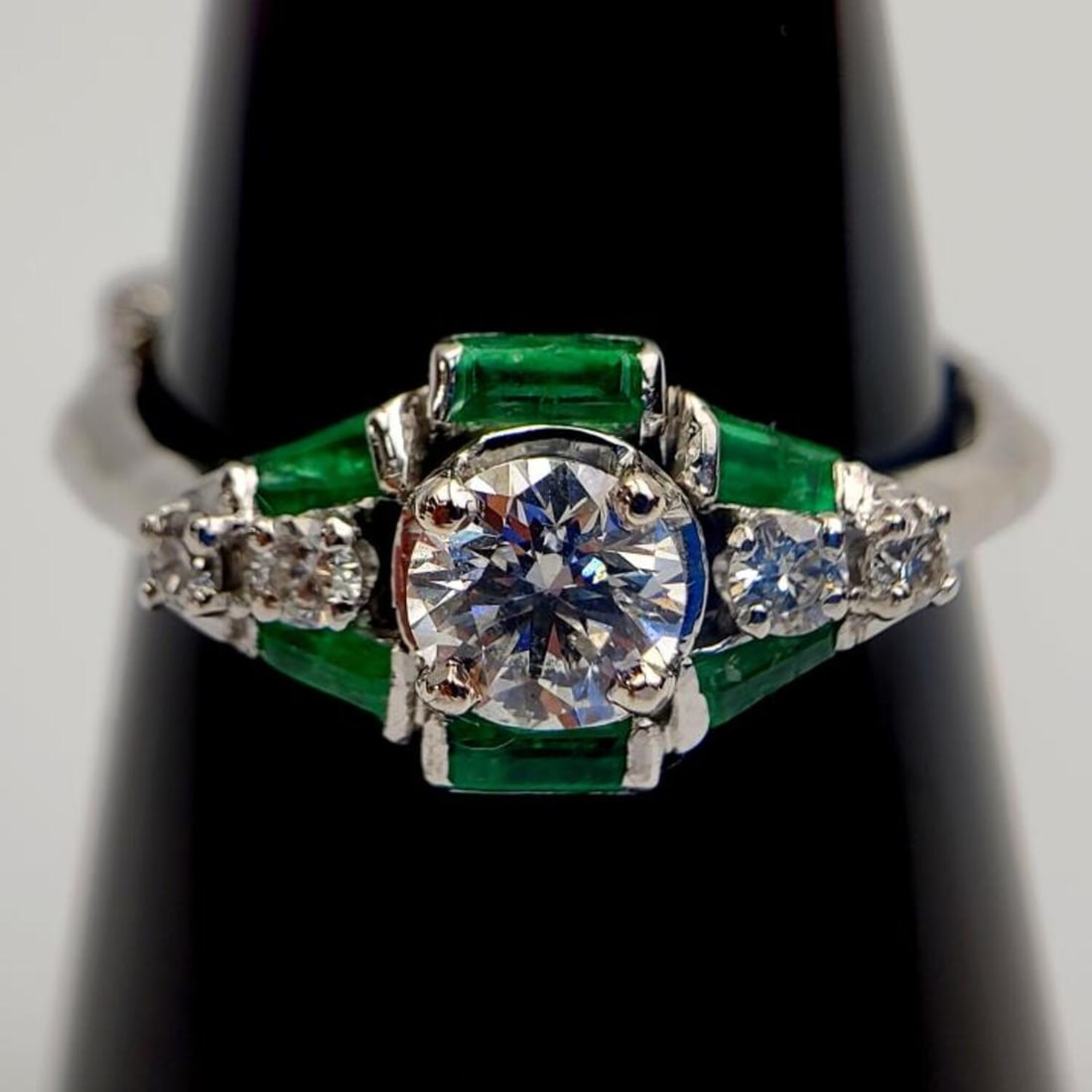 14K White Gold Art Deco Diamond & Emerald Ring (1 of 4)