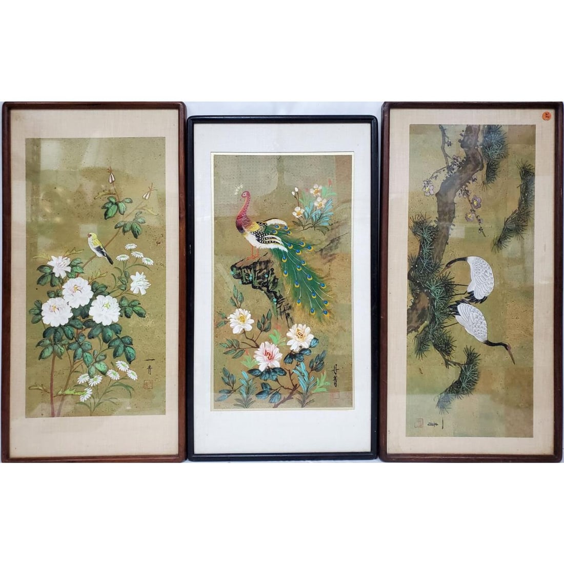 3 Old Signed Chinese or Japanese Paintings.: Lot of 3 Old Signed Chinese or Japanese Paintings in Original Frames. Framed Under Glass. Has Not Been Examined Out of Frame.Condition: Generally Very Good. Dimensions: Largest-Sight-27" x 11". Frame-