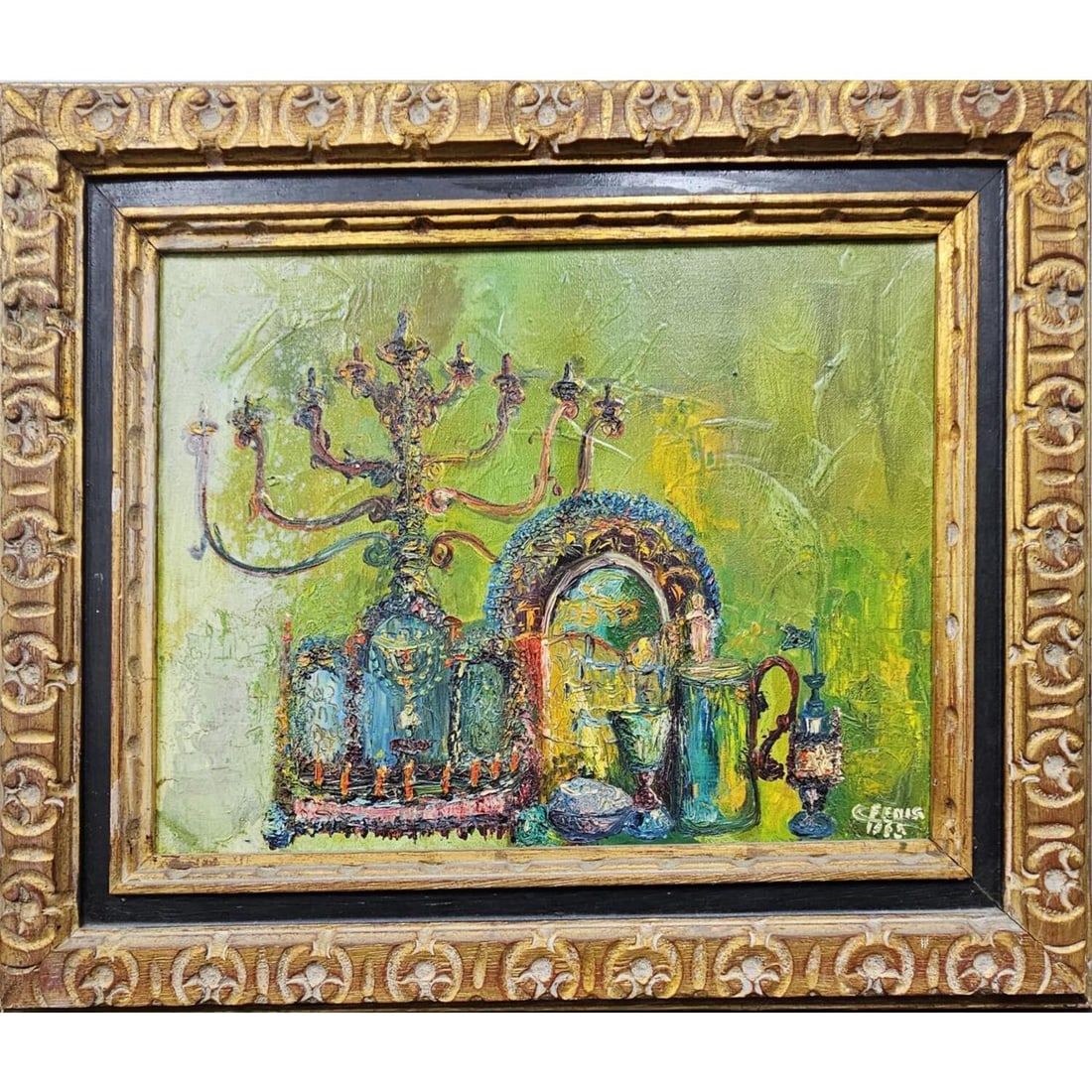 Vintage Judaica Signed Painting Oil on Canvas: Vintage Judaica Signed Painting Oil on Canvas. "Menorah". Signed Lower Right Fenig & Dated 1965. In Original Carved Wood Frame. Condition: Excellent.Dimensions: Sight-16" x 12". Frame-22" x 18".Proven
