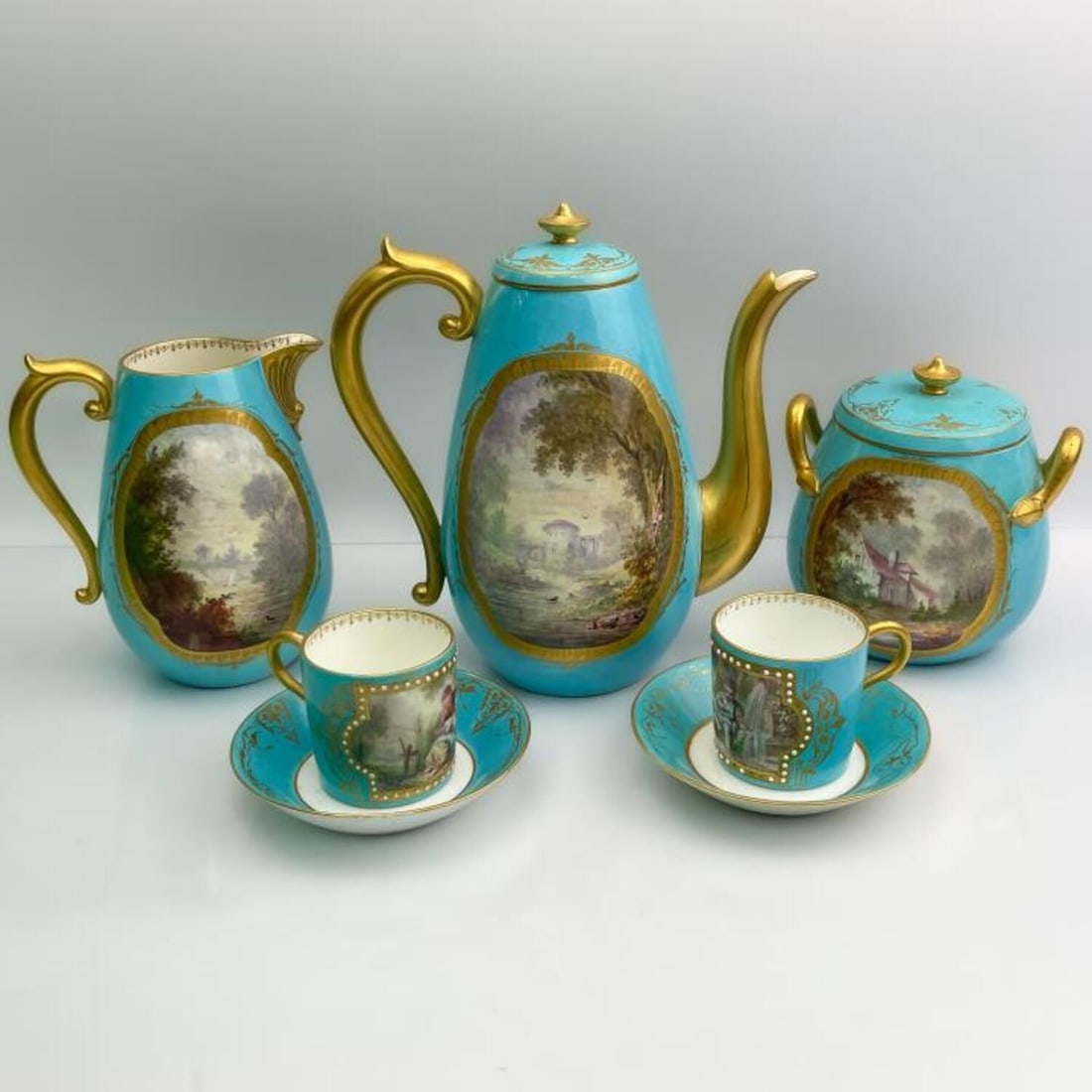 6 Piece Sevres Porcelain Painted & Jeweled Tea Set (1 of 9)