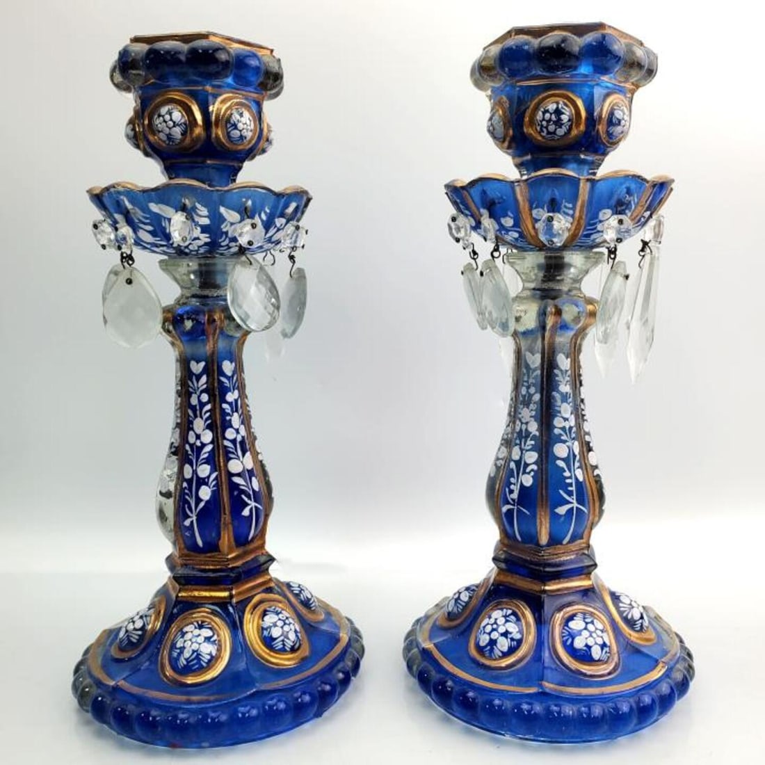 Pair Antique Bohemian Enameled Glass Candlesticks (1 of 4)