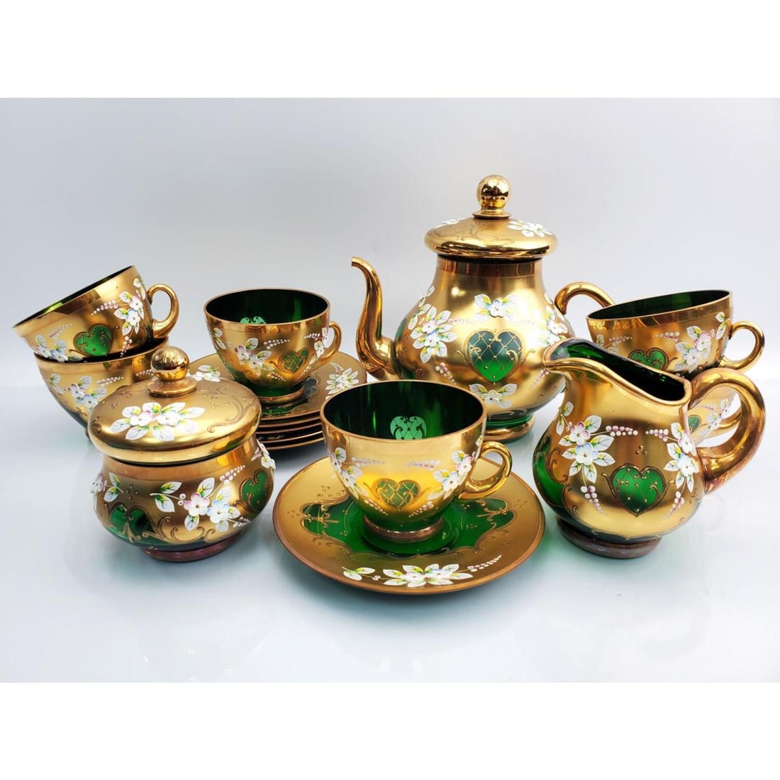 Vintage 15pc Enamel Green Glass Bohemian Tea Set (1 of 11)