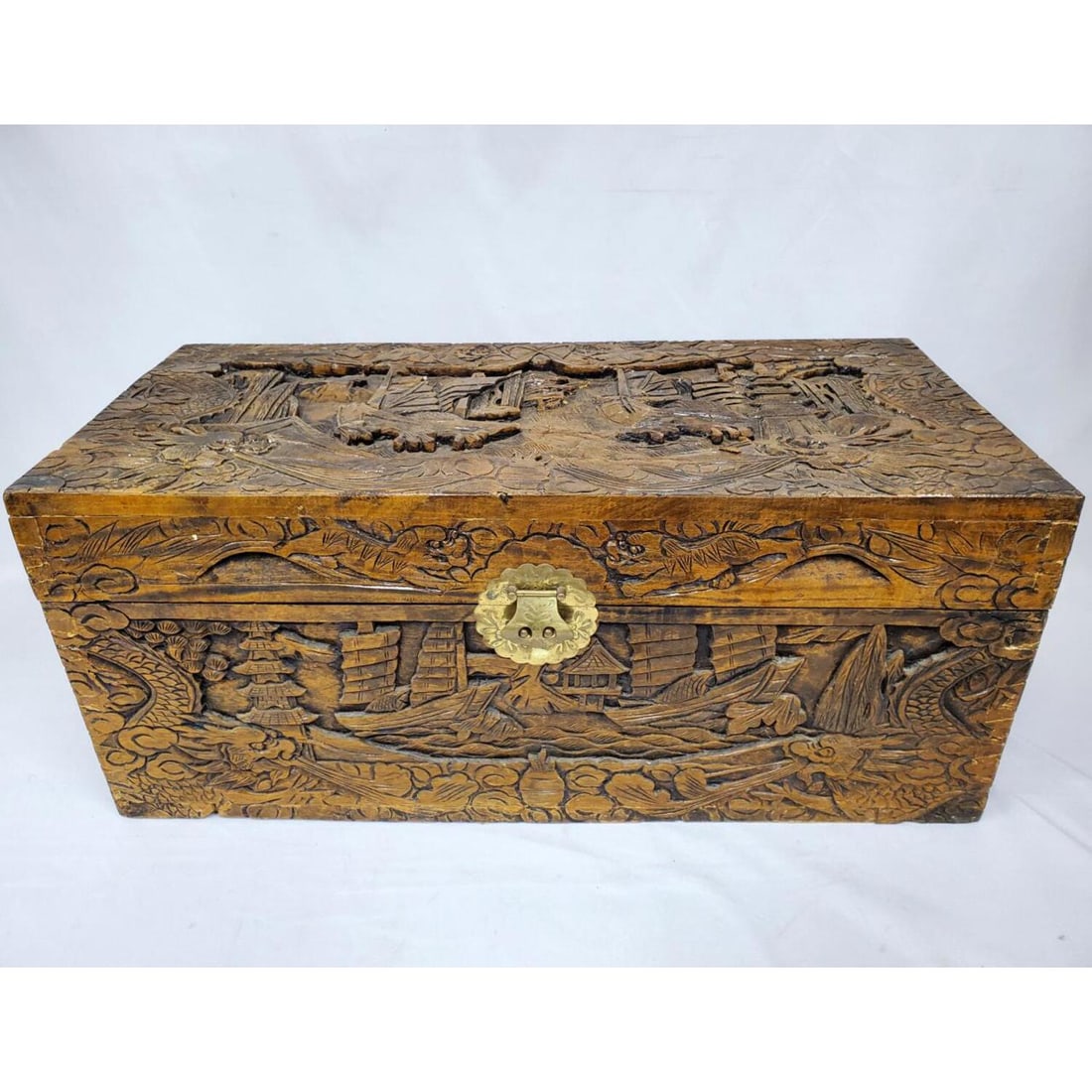 Vintage Heavy Carved Wood Footed Trunk or Chest (1 of 5)