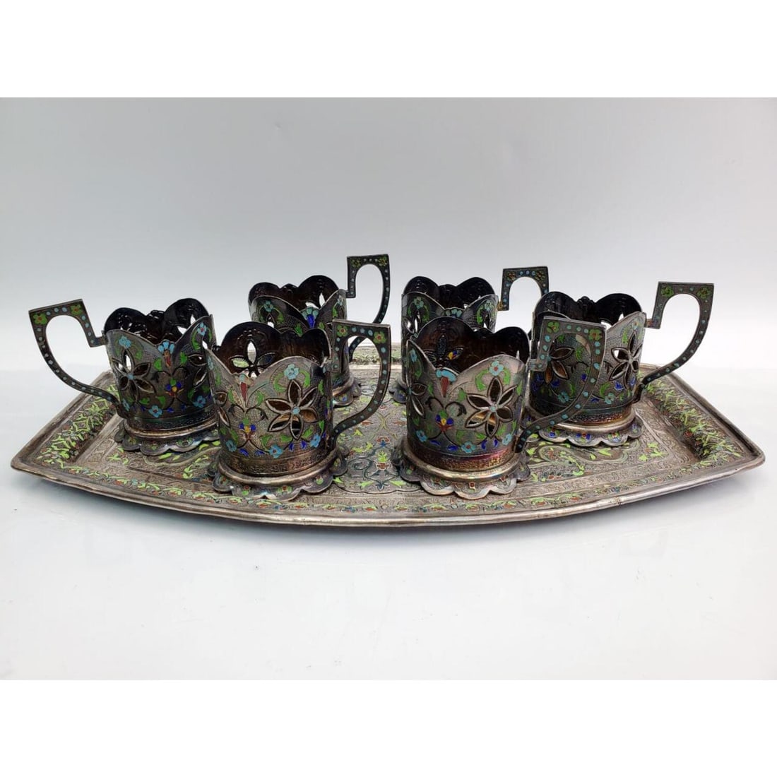 Rare Antique Persian Enameled Silver 7 pc Tea Set (1 of 9)