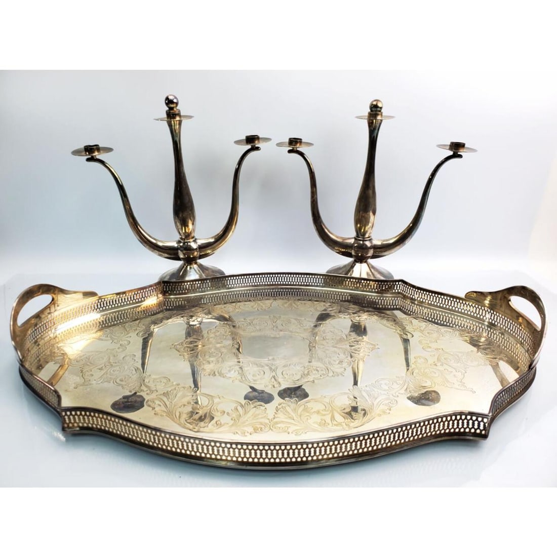 Silver-Plated Tray Along w/ Pair of Candelabras (1 of 8)
