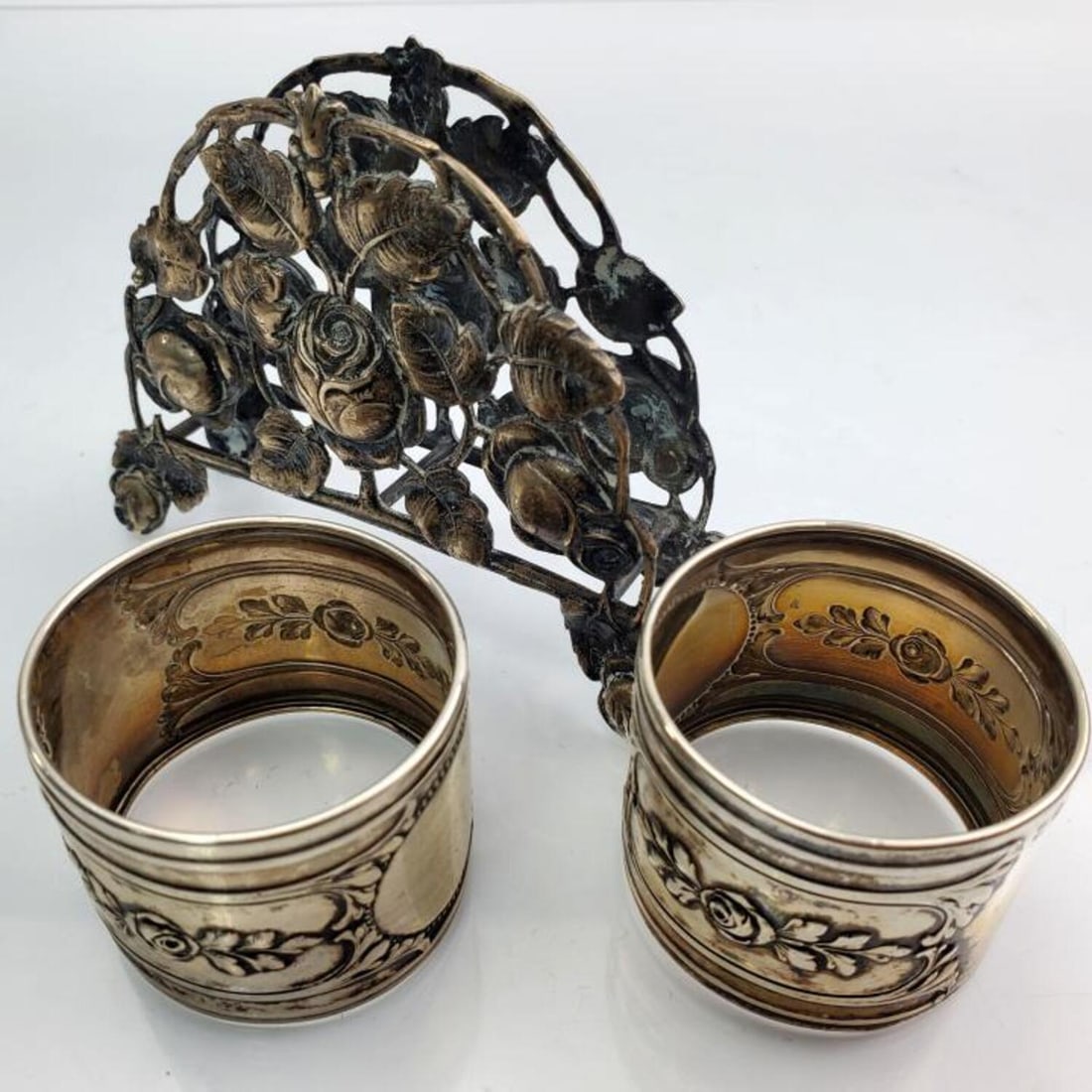 3 Antique Silver Items; Pair Napkin Rings & Holder (1 of 4)