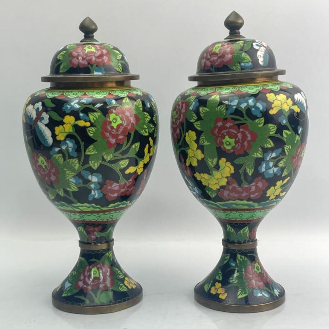 Pr. of Antique Chinese Cloisonne Covered Urn/Vases (1 of 3)