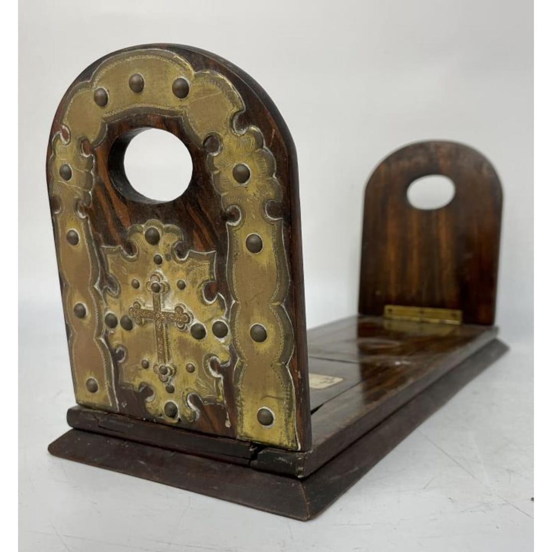 Antique Wood & Brass Bible Adjustable Bookends: Antique Wood & Brass Bible Adjustable Bookends. Condition: Generally Good, with Minor Losses. Dimensions: L: 13.5" x W: 5.25" x H: 6.5". Provenance: From a Long Island, NY Collector.Please note the ab