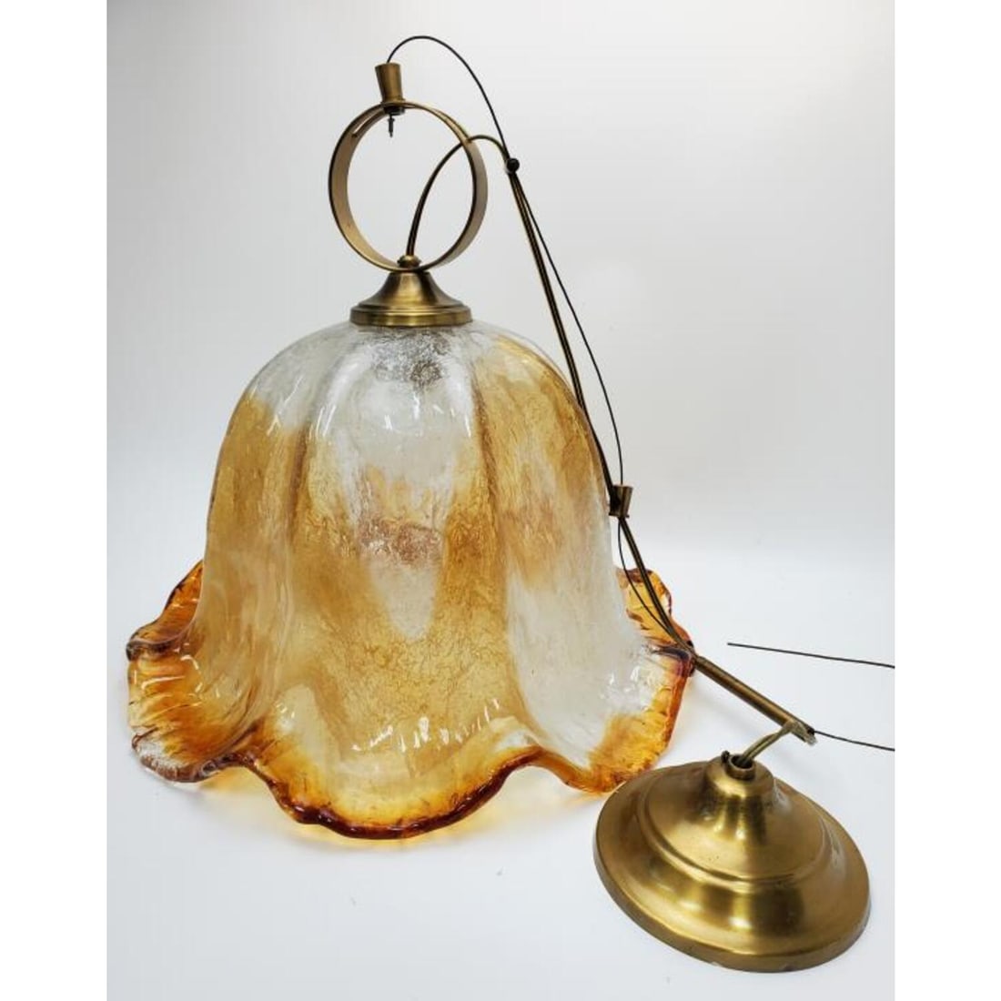 MCM Italian Heavy Glass & Brass Chandelier: MCM Italian Heavy Glass & Brass Chandelier. Condition: Excellent. Original Hardware. Dimensions: Shade Dia: 16.5" x Height Including Ring Hardware: 15". Provenance: From a New Jersey Estate. Please no