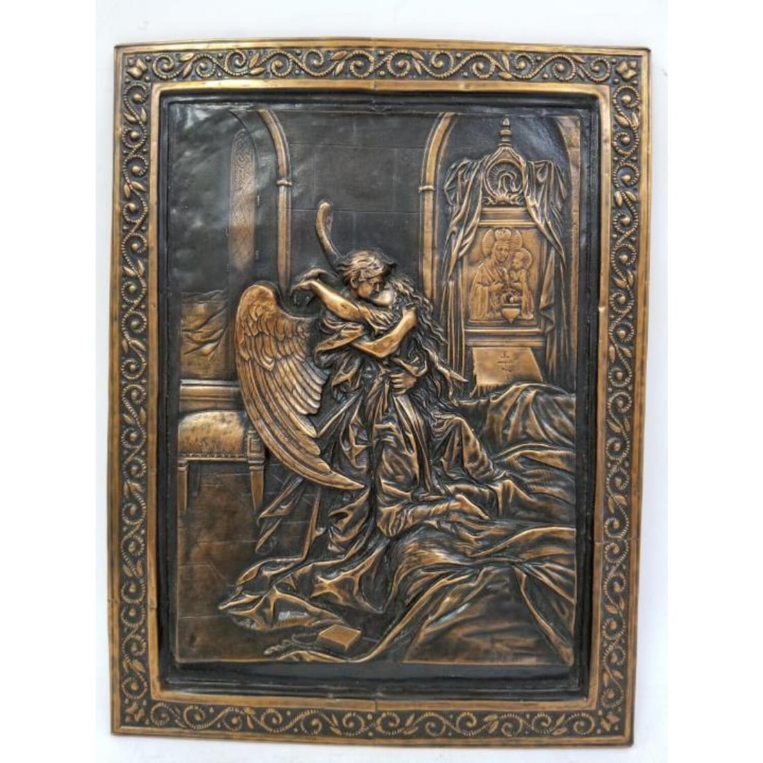 Russian Antique Metal Plaque Mihaly Von Zichy: Antique Metal Plaque Possibly Copper Probably by Mihaly Von Zichy ( Russian / Hungarian ) with Russian writings on the back.Condition: Generally good condition.Dimensions: 9" by 12"Provenance: From a
