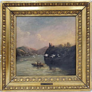 George E. Hering, British (1805-1879) Painting O/C: George Edwards Hering, British (1805-1879) Painting, Oil on Canvas, "Lake Scene", Beautiful Frame Condition: Generally Good, Some Losses to Paint, and RelinedDimensions: Sight- 15" x 15", Frame- 20.5"