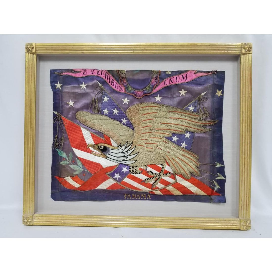 Rare Historical Flag Commemorating Panama Canal: Extremely Rare Historical Flag Commemorating (and Used on the Occasion) of the Opening of the Panama Canal on May 4, 1904. Embroidery and Gold Stitching of an Eagle and American Silk Flag. With "E Plu