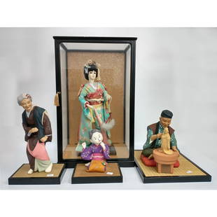 4 Vintage Japanese Hakata Items: 4 Vintage Japanese Hakata Items. All with Original Bases. One in Original Showcase. Condition: Generally Good Condition. Dimensions: Showcase- L-13.5", W-11.5", H-21". Provenance: From a Long Island,