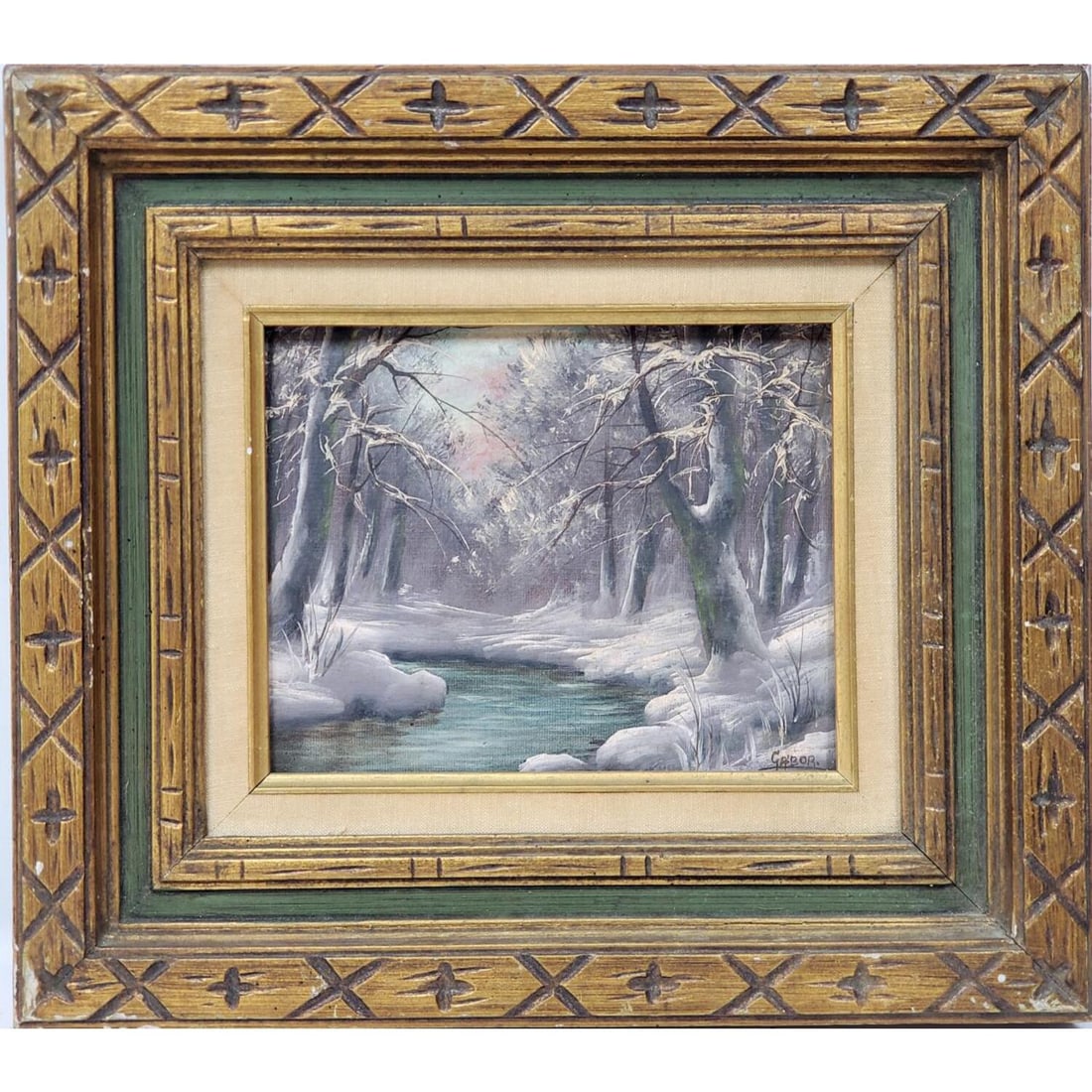 Signed Gabor Painting Oil on Board "Winter Forest": Signed Painting, Oil on Board, "Forest in Winter". Signed Lower Right Gabor. In Wood Frame. Condition: Generally Good. Dimensions: Sight- 10" x 8", Frame- 17.5" x 15.5". Provenance: From a Queens, NY 