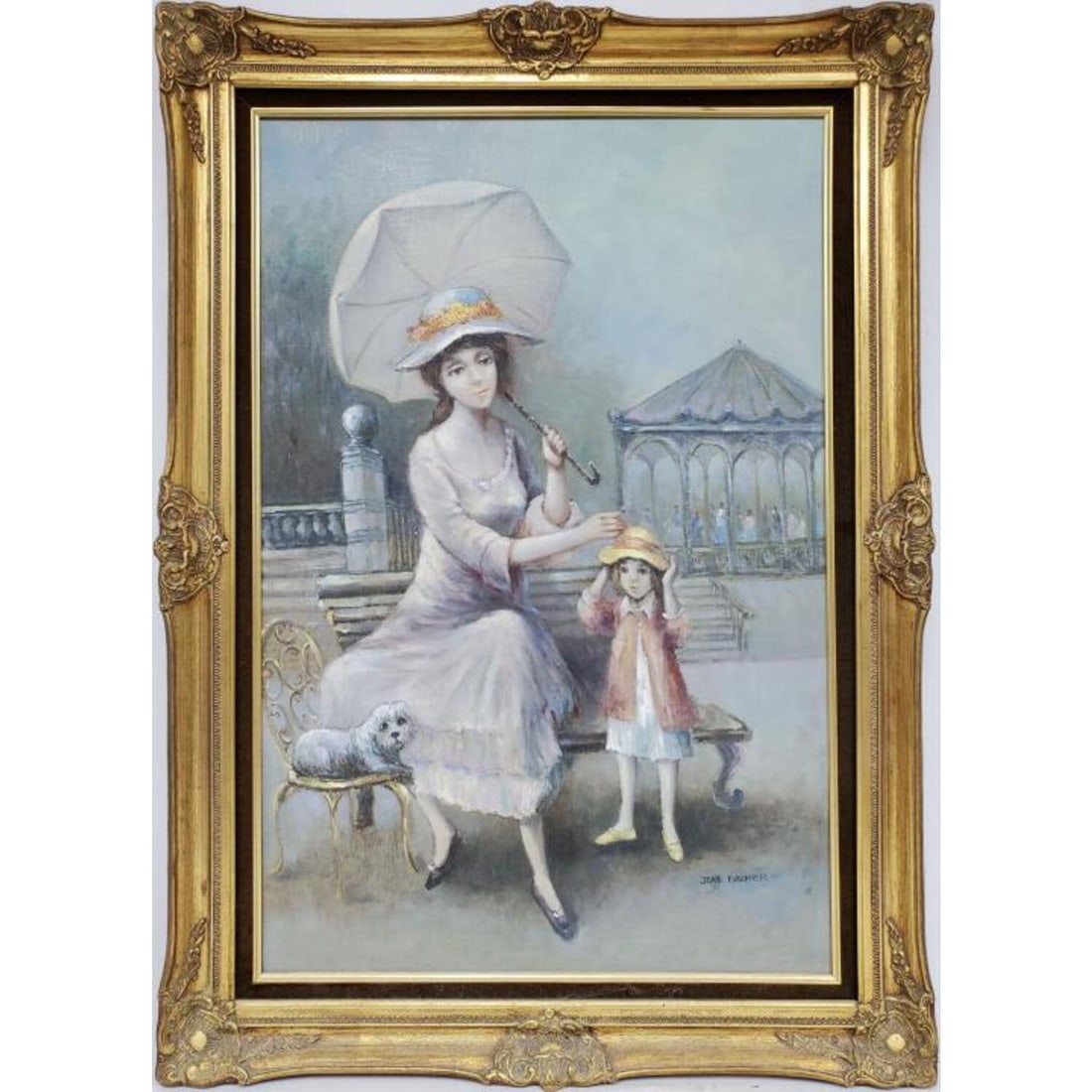 Jean Daumier, French (1808-1879) Painting: Jean Daumier, French (1808-1879) Painting Oil on Canvas. "Mother & Daughter on a Park Bench". Signed Lower Right. Beautifully Framed. Condition: Generally Very Good. Dimensions: Sight-35.5" x 23.5". F