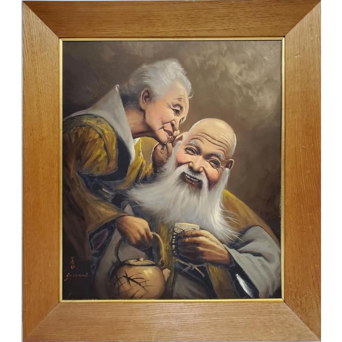 Arisu Bizan, Japan (b.1937) Painting Oil on Canvas: Arisu Bizan, Japan (b.1937) Painting, Oil on Canvas. "Elderly Couple Whispering Over Tea". Signed Lower Left. In Original Frame. Condition: Generally Very Good. Dimensions: Sight-20" x 17". Frame-25"