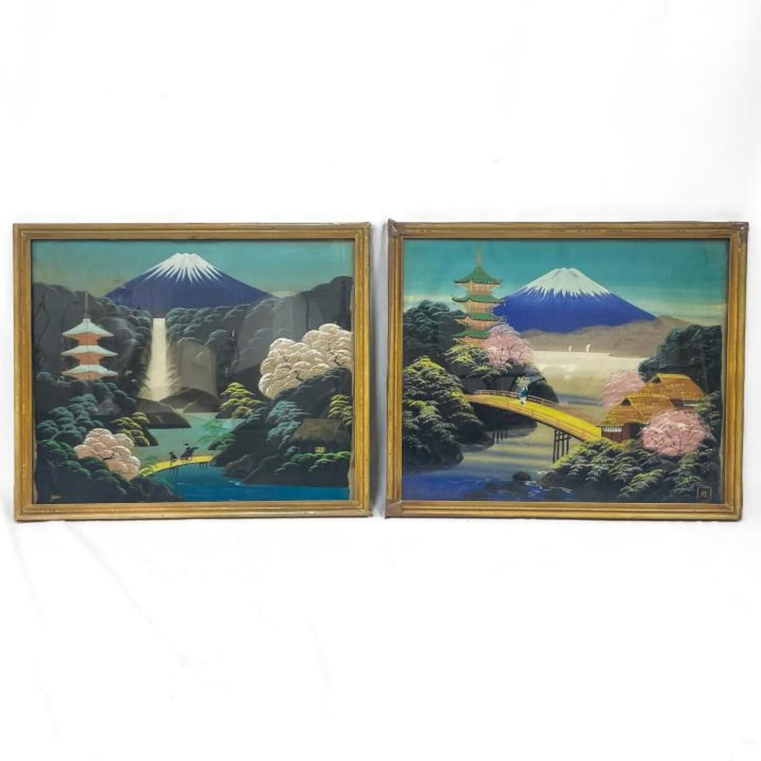 2 Antique Japanese Signed Paintings Oil on Silk: Lot of 2 Antique Japanese Signed Paintings Oil on Silk. In Original Frames Under Glass. Has Not Been Examined Out of Frames. Condition: As Found. Dimensions: Both-Sight-16.5" x 13.5". Frame-18" x 15".