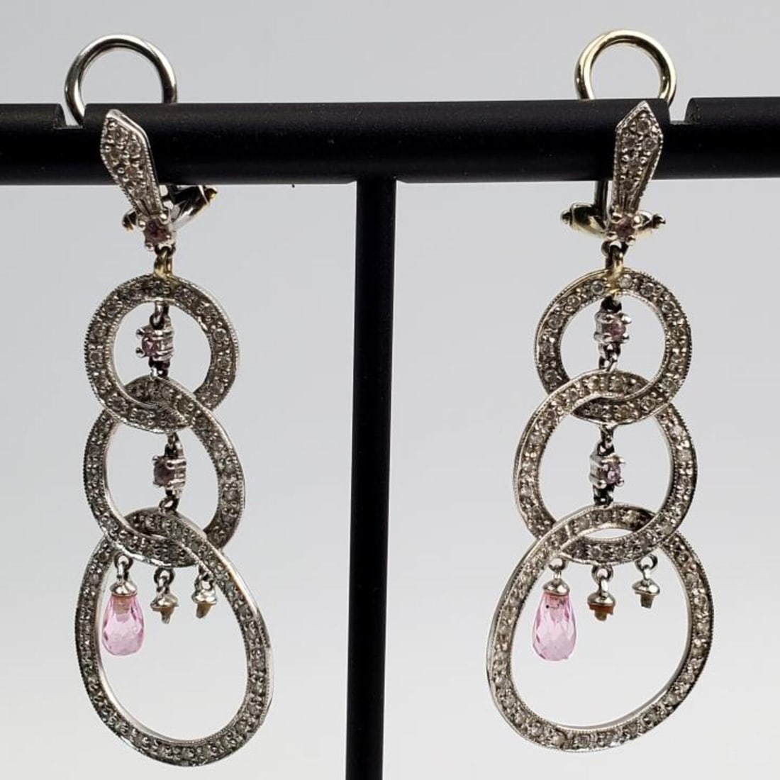 Pair 14K White Gold, Diamond, Rose Quartz Earrings (1 of 5)