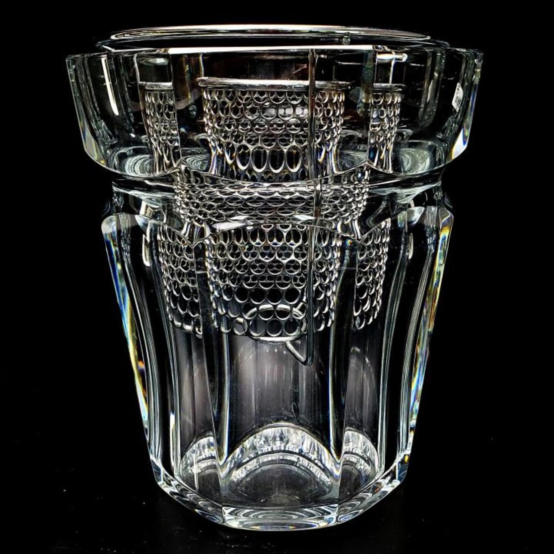 Baccarat Crystal Moulin Rouge Harcourt Bucket: Baccarat Crystal Moulin Rouge Harcourt Champagne Cooler / Bucket with Fitting. Fully Marked. Condition: Excellent. Dimensions: Bucket H- 9" x Dia- 7.5". Provenance: From a Long Island, NY Home. Please