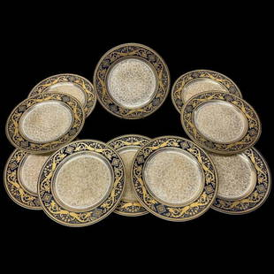 10 Antique Pirken Hammer, Czechoslovakia, Hand Painted, 24K Gold Accented Dinner Plates: Set of 10 Pirken Hammer, Czechoslovakia, Antique Hand Painted, 24K Gold Accented Dinner Plates. Pattern 7008. This Set is Over a Hundred Years Old. Condition: Excellent. Dimensions: Dia- 9". Provenanc