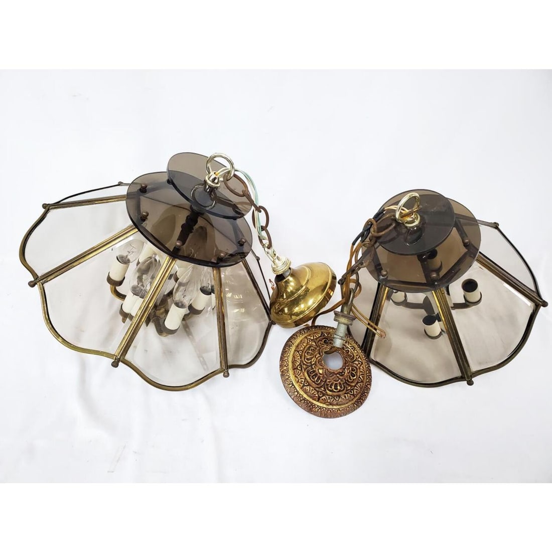 Lot of 2 Hallway Chandeliers: Lot of 2 Hallway Chandeliers. Condition: Generally Good, AS IS. Dimensions: Larger-H-10" x Dia-15". Provenance: From a Long Island, NY Home. Please note the absence of a Condition Report does not impl