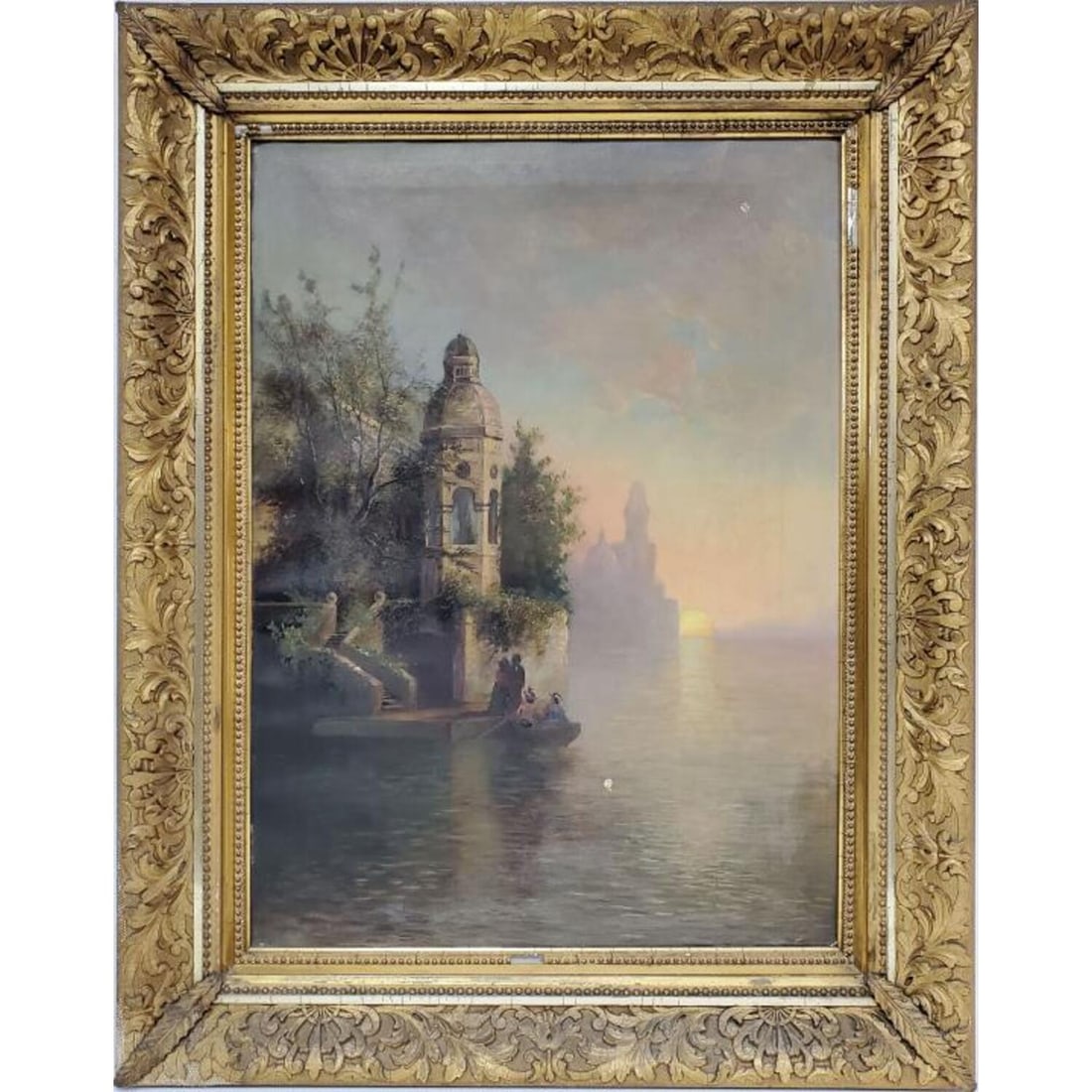 Antique 19th Century Painting "Sunset on Lake" O/C (1 of 5)