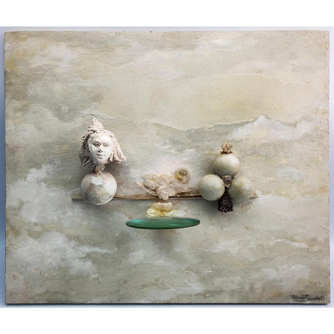 Rhoda Sherbell, American (b. 1933) Collage: Rhoda Sherbell, American (Born 1933), Collage, Mixed Media. Comprised of Paint, Metal, Glass, Resin and Crystal on Wood (1995) . Signed Lower Left. Artist Writes On the Back "Himalayan Buddhism". Cond