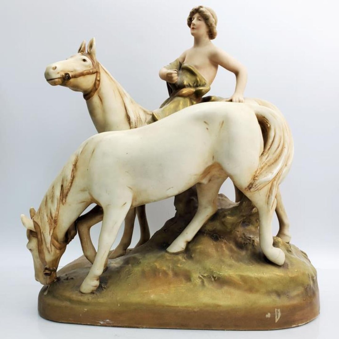 Antique Royal Dux Porcelain Figure: Antique Royal Dux Porcelain Figure of a Boy w/ Horses. Early 20th C. Fully Marked. Condition: Generally Very Good. Dimensions: L-12" x H-13.5". Provenance: From a Private Long Island, NY Collector. Pl