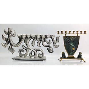 Don Drumm Vintage Aluminum Menorah: Don Drumm Vintage Aluminum Menorah Along w/ a 1950's Bronze Made in Israel Menorah. Both Are Signed & Marked. Condition: Generally Very Good. Dimensions: L-16" x H-8.75". Provenance: From a Private Lo