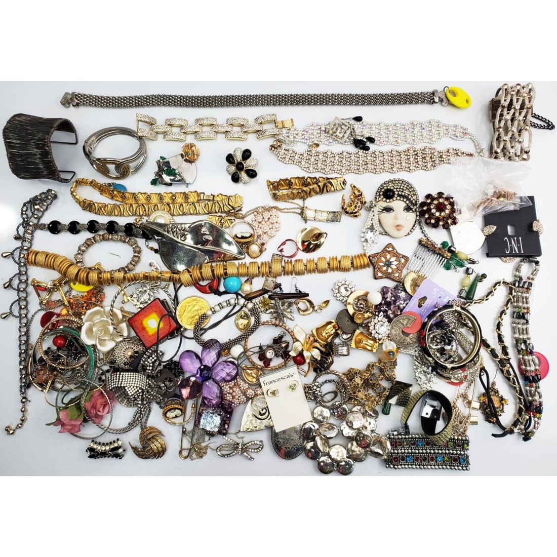 Large Box Lot of Costume Jewelry: Large Box Lot of Costume Jewelry Including Kirk Steiff. Condition: As Found. Dimensions: Various Sizes. Provenance: From a Long Island, NY Home. Please note the absence of a Condition Report does not 