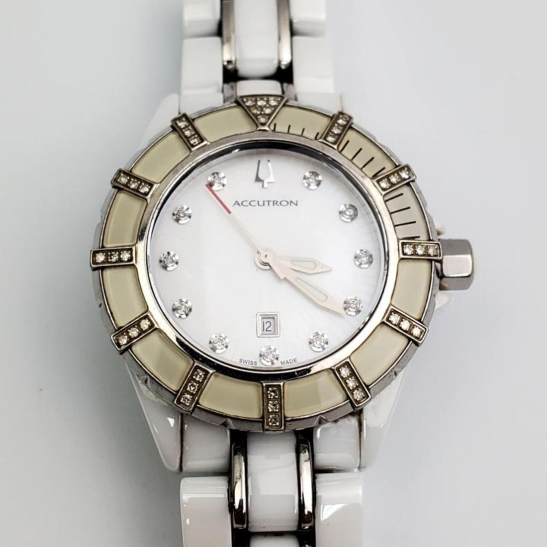 Bulova Accutron Ceramic Watch w/ Diamonds: Bulova Accutron Ceramic Women's Watch w/ Diamonds. Condition: Generally Good, However, We Do Not Guarantee the Workability of Any Used Watches. Dimensions: Dia. of Face-2.5". Provenance: From a Long I