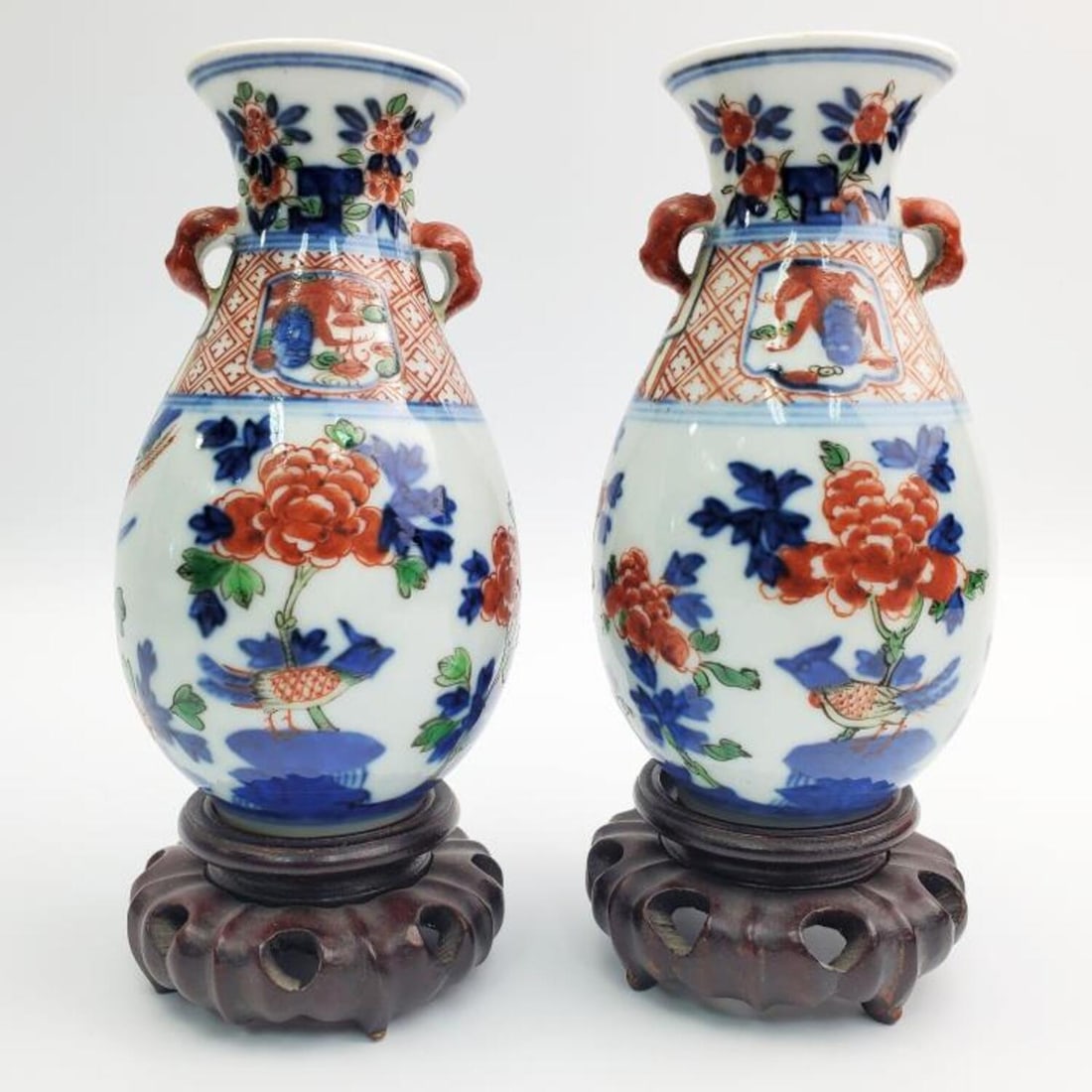 Pair Old Signed Chinese Porcelain Vases on Stands (1 of 4)