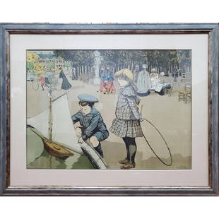 Louis Abel-Truchet (French 1857 - 1918) Lithograph: Louis Abel-Truchet, French (1857 - 1918), Lithograph "Au Jardin du Luxembourg." Depicts a Landscape Scene with a Boy and Girl Playing with a Sailboat. Signed Lower Right. Initials of Printer Lower Lef