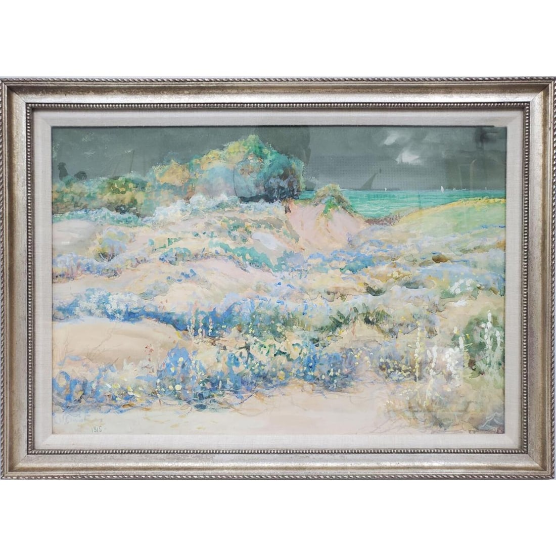Antique Signed Watercolor on Paper "Dunes': Antique Signed Watercolor on Paper "Dunes'. Signed Lower Left. "E.W. Chris F???" & Dated 1915. Beautifully Framed Under Glass. Has Not Been Examined Out of Frame. Condition: Excellent. Dimensions: Sig
