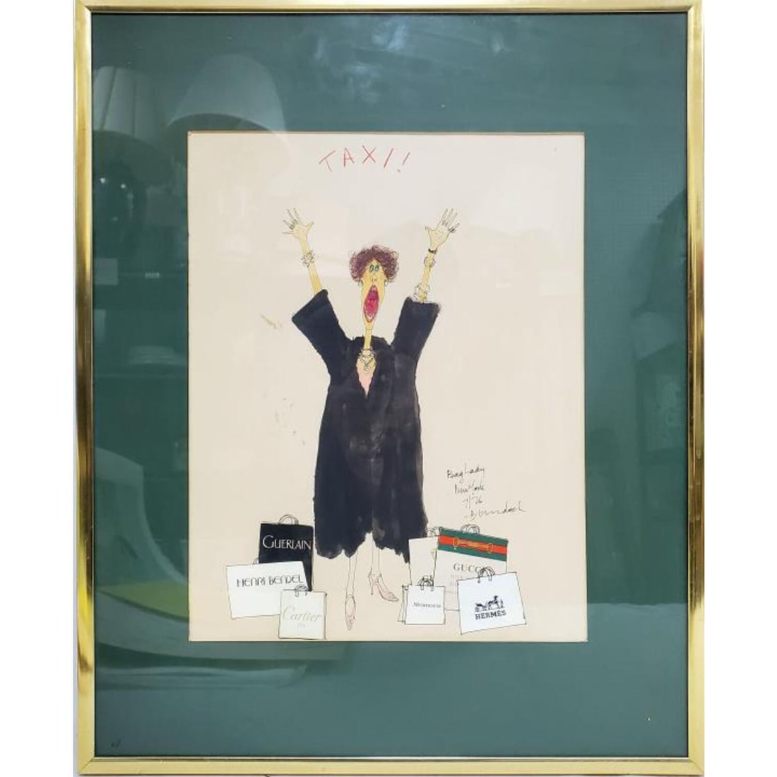 Signed and Dated Painting, Watercolor on Paper: Signed and Dated Painting, Watercolor on Paper with Various Mixed Media Areas "Taxi!". Described Bag Lady New York, 7/76. IN Original Frame Under Glass. Not Examined Out of FrameCondition: Generally V