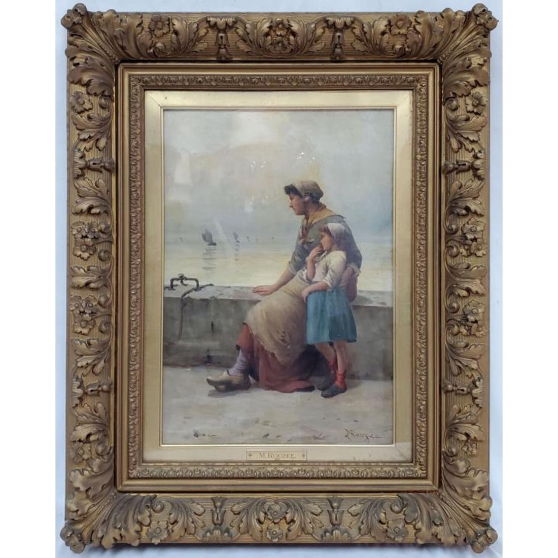 Georges Rouzee, French (1870-1910) Painting: Georges Rouzee, French (1870-1910) Painting Oil on Canvas. "Mother & Daughter at the Port". Signed Lower Right. Beautifully Framed Under Glass. Has Not Been Examined Out of Frame. Condition: Very Good