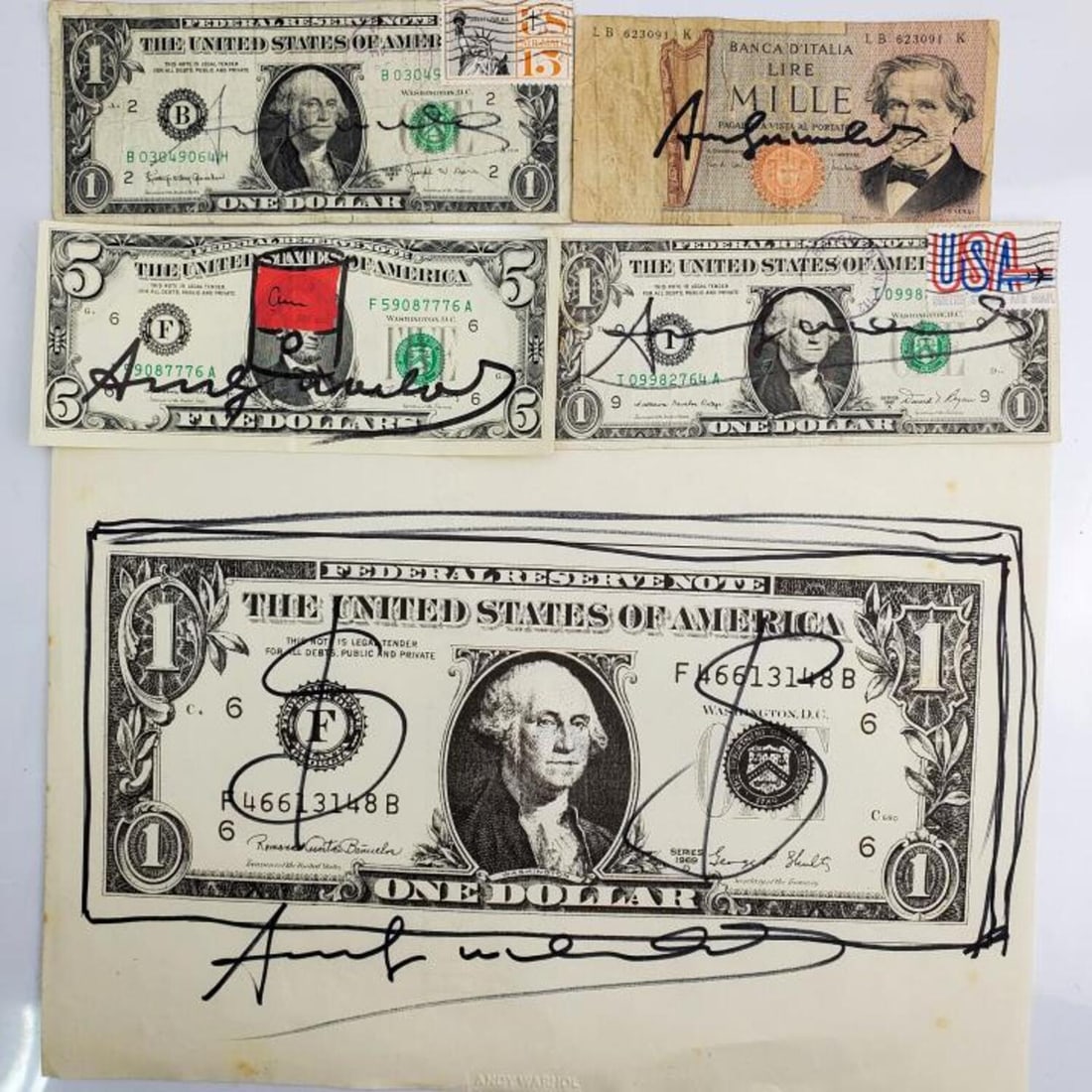 After Andy Warhol Signed Print "Dollar Bill": After & Attributed to Andy Warhol, American (1928-1987) Signed Print "Dollar Bill". Signed at the Bottom. Along w/ Signed Money Including a $5 Bill w/ Illustration, Two $1 Bills & An Italian Bill. We