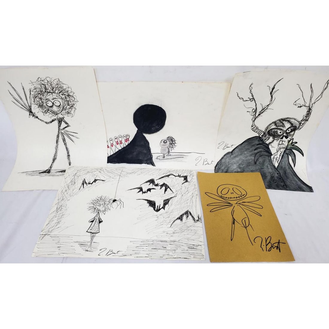 Attributed to Tim Burton, 5 Drawings: After & Attributed to Tim Burton, American (Born 1958), Lot of 5 Drawings Including 1 of "Jack Skelllington", 1 of "Edward Scissorhands", and 3 Others. Some Marker and Some Pastel on Paper. All are Ha