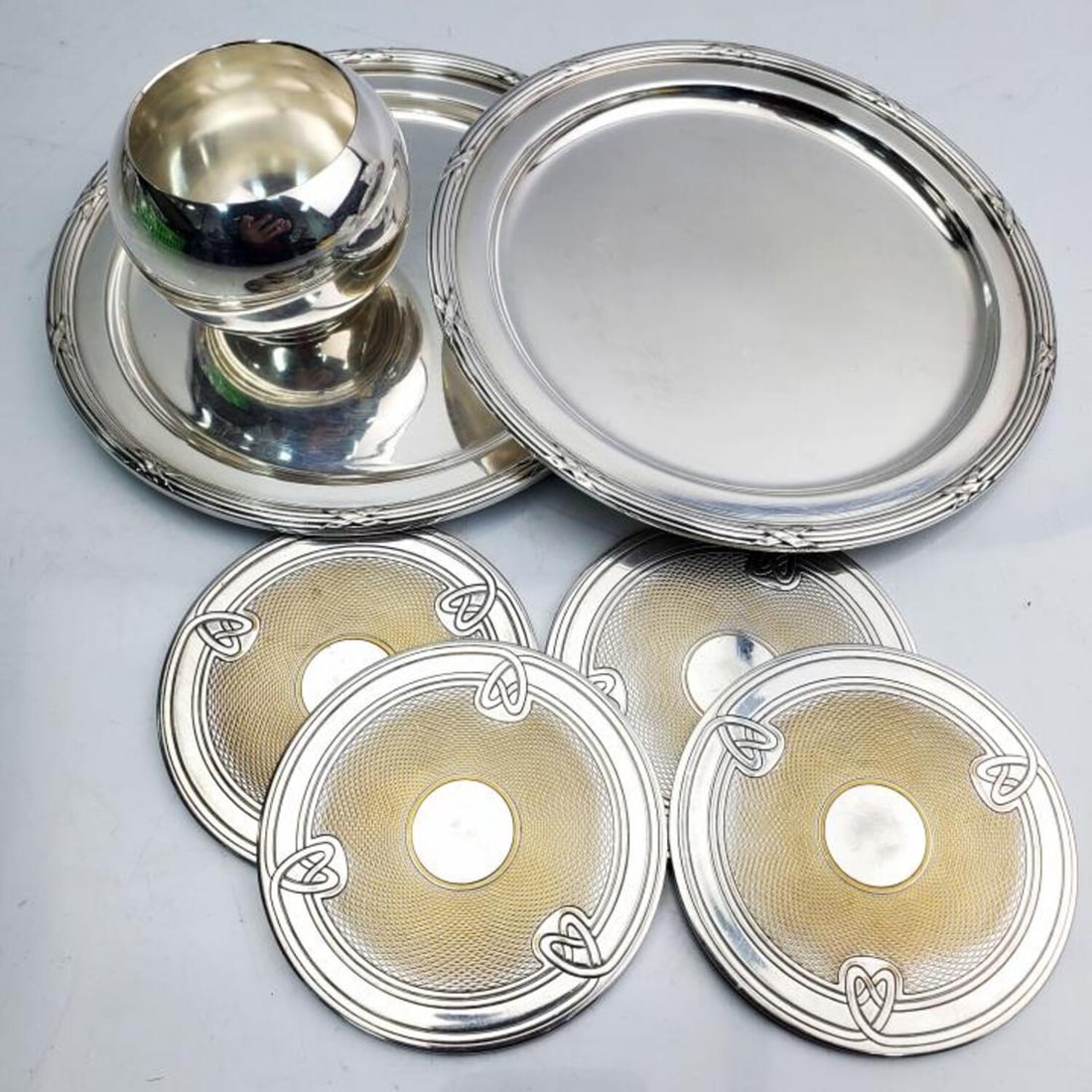 Lot of Christofle France Items Along w/ Others: Lot of Christofle France Items Along with Algorithame Paris Cup. Total Number of Items in this lot is 7. All Fully Marked. Condition: Generally Good. Dimensions: Plate Dia- 5.75", Cup H- 1.75", Dia- 2